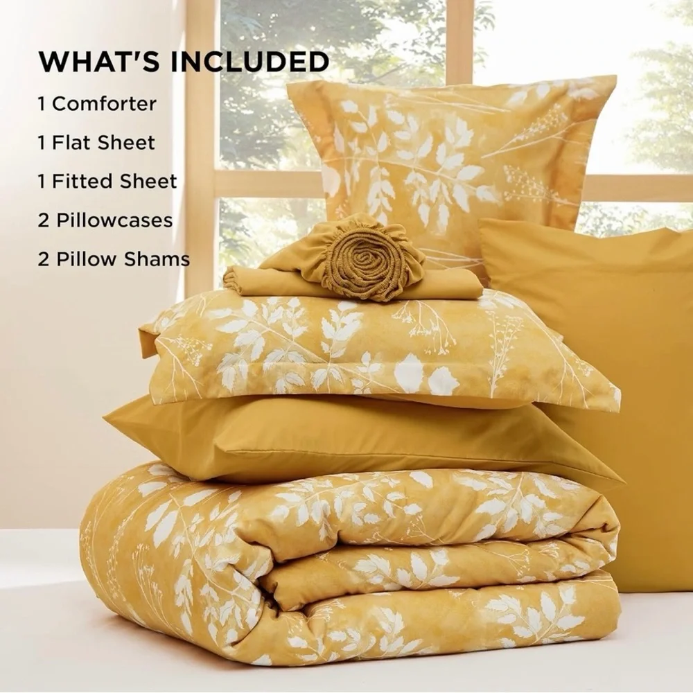 NEW Anthro 7 Piece Yellow Floral Boho Queen / King Bedding Comforter & Sham Set
